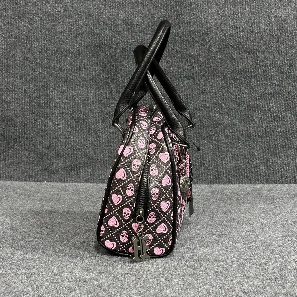 Ed Hardy Satchel Bag Womens Black Pink Skull Hearts Rhinestone Vegan NWT Rock